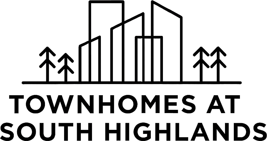 A black and white image of a city skyline with the words "Townhomes at South Highlands" written below it.